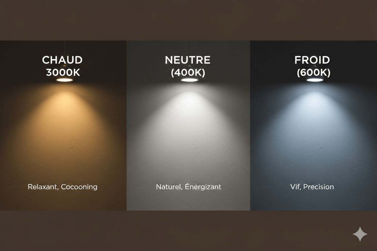 Comparaison des trois températures de couleur LED : blanc chaud 3000K, blanc neutre 4000K et blanc froid 6000K