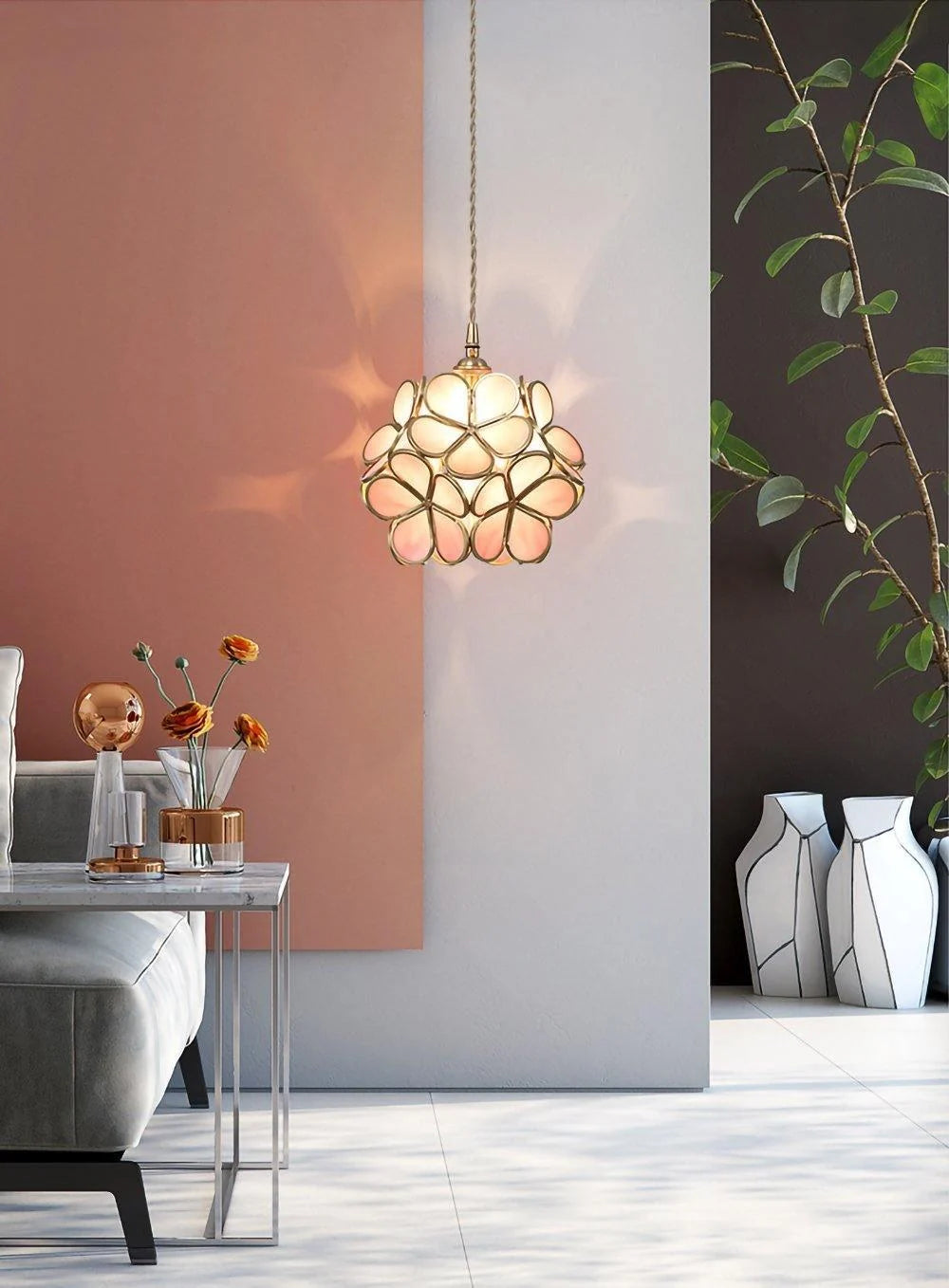 Suspension Fleur en Verre Émaillé & Cuivre — Petit Lustre Style Rétro Luxueux | TULIPE™