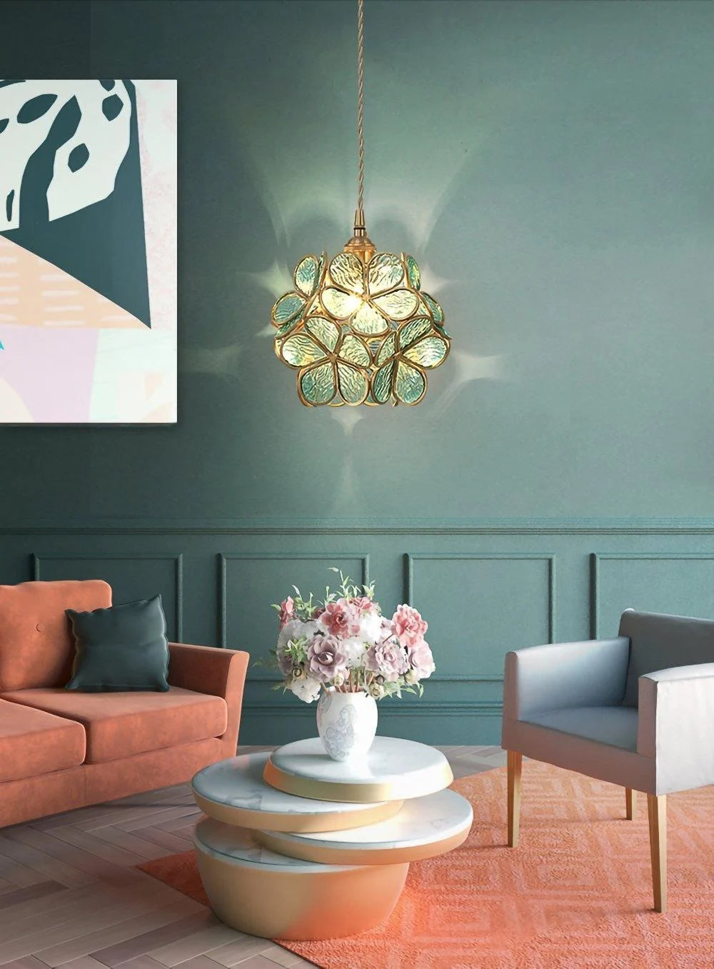 Suspension Fleur en Verre Émaillé & Cuivre — Petit Lustre Style Rétro Luxueux | TULIPE™