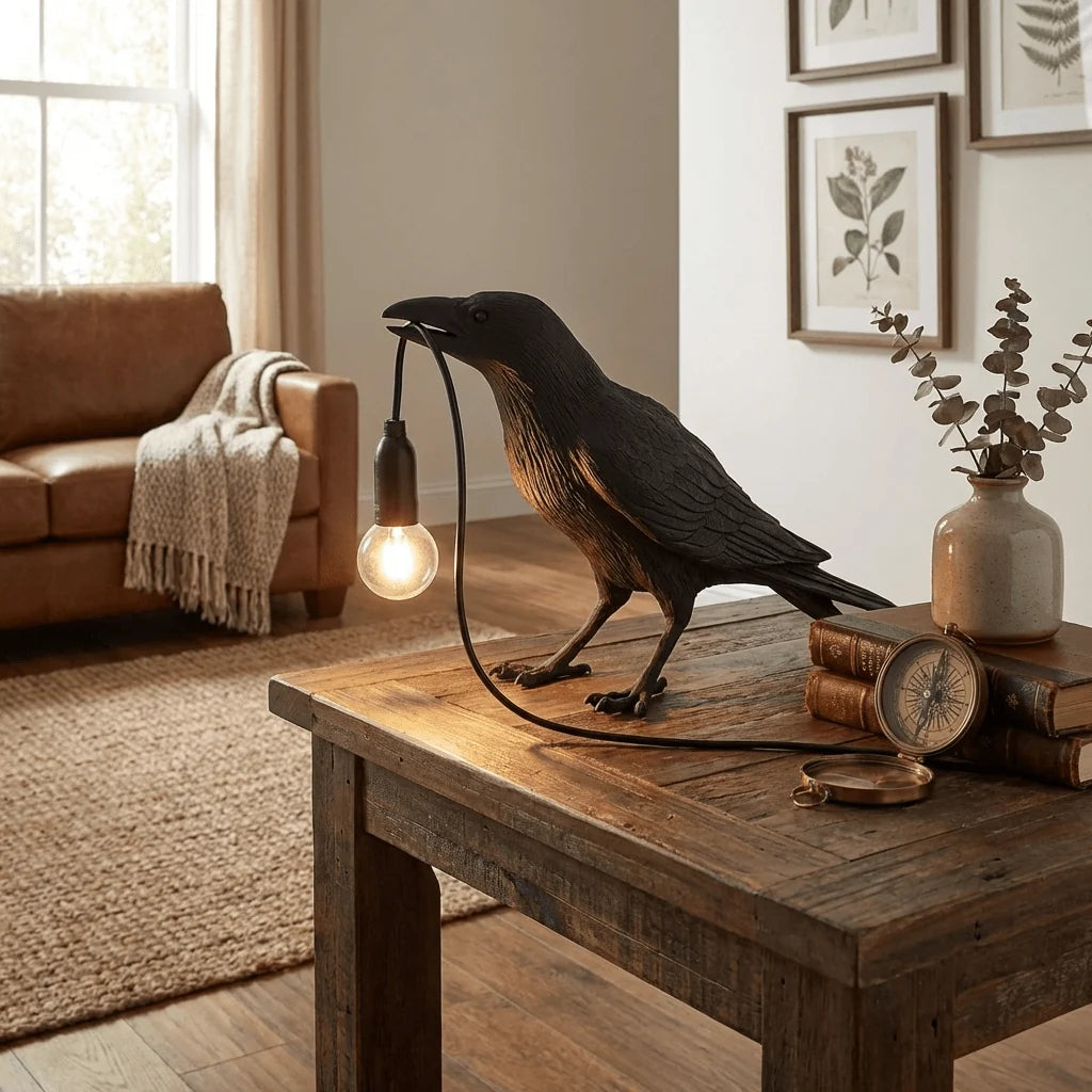 Lampe à Poser Design Corbeau Résine Sculpturale pour Chambre & Bureau | CORBEAU™