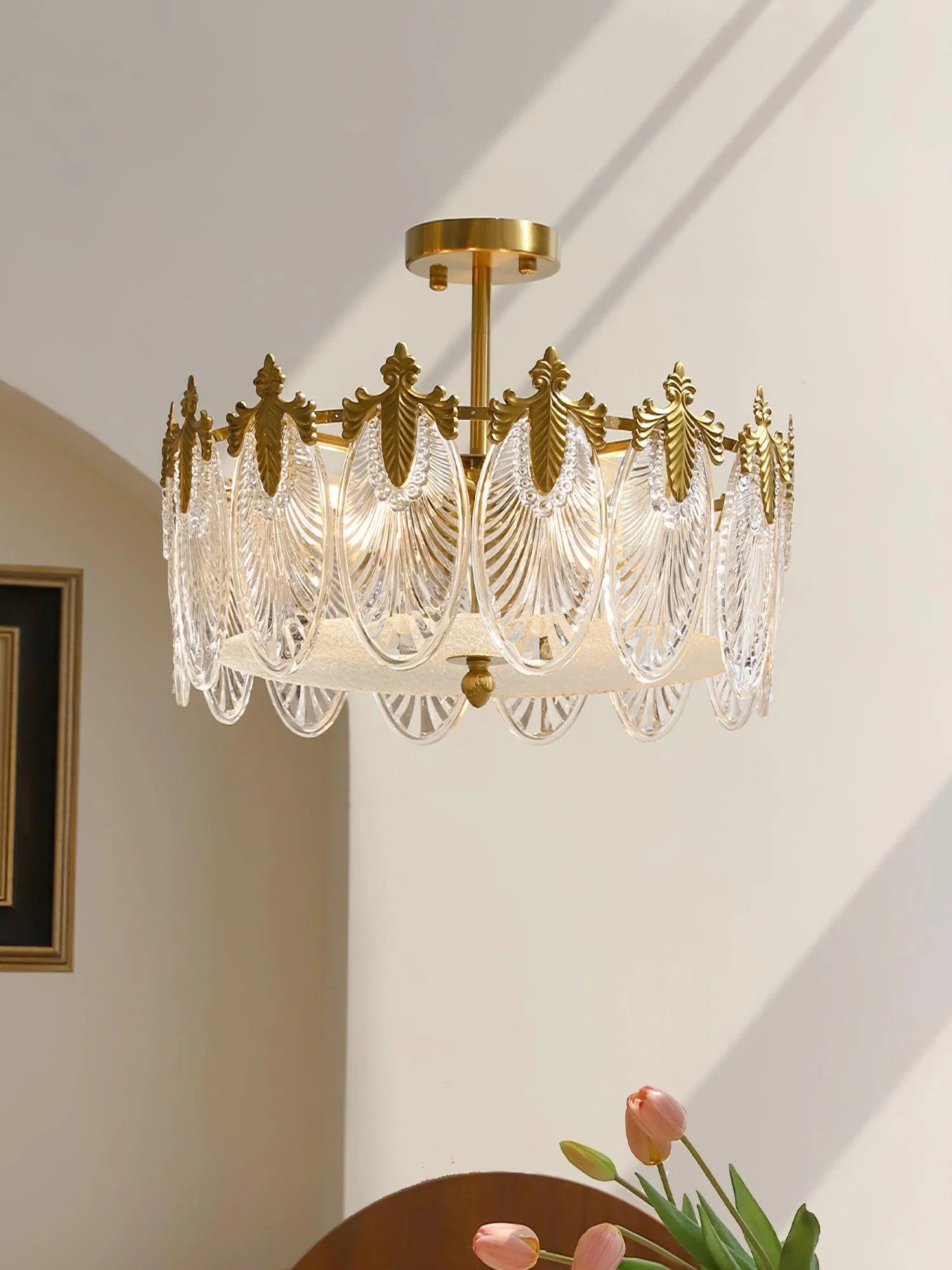 Plafonnier Feuilles de Verre Façon Paon — Lustre Art Déco Style Français | PAON™