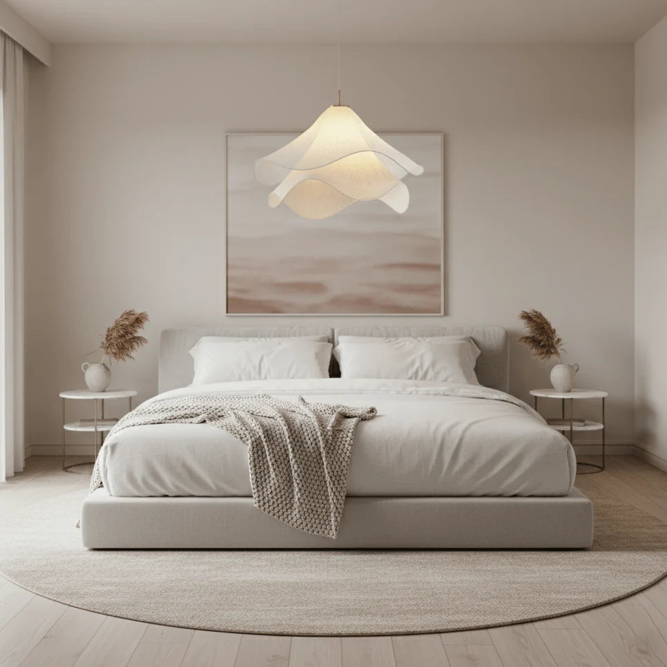 Suspension Pétales en Tissu Froncé — Lampe Style Français Crème | VOLANT™