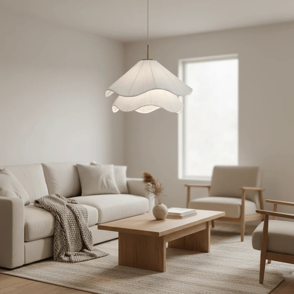 Suspension Pétales en Tissu Froncé — Lampe Style Français Crème | VOLANT™