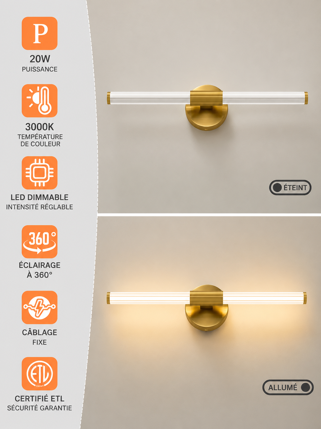 Applique Murale LED Linéaire Doré — Luminaire Design Moderne Double Diffusion | AXIS™