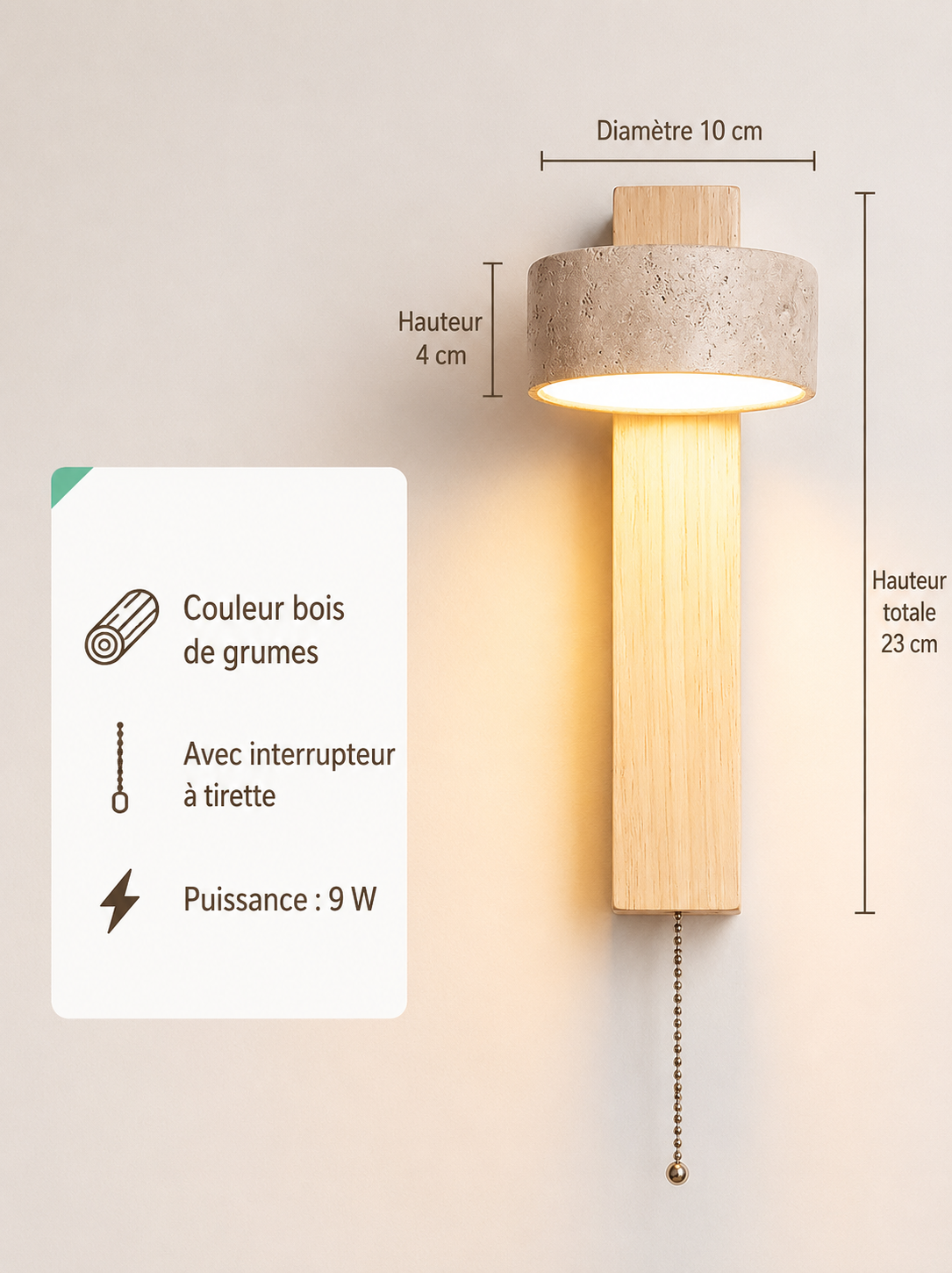 Applique Murale Pierre et Bois Style Japonais — Luminaire Minimaliste Interrupteur Tirette | STELE™