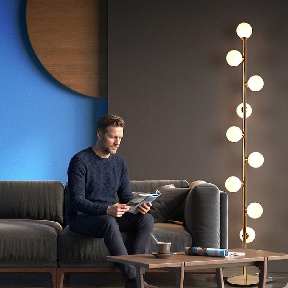 Lampadaire Design Nordique 9 Globes Verre Opale et Métal Doré | Magic Beans™