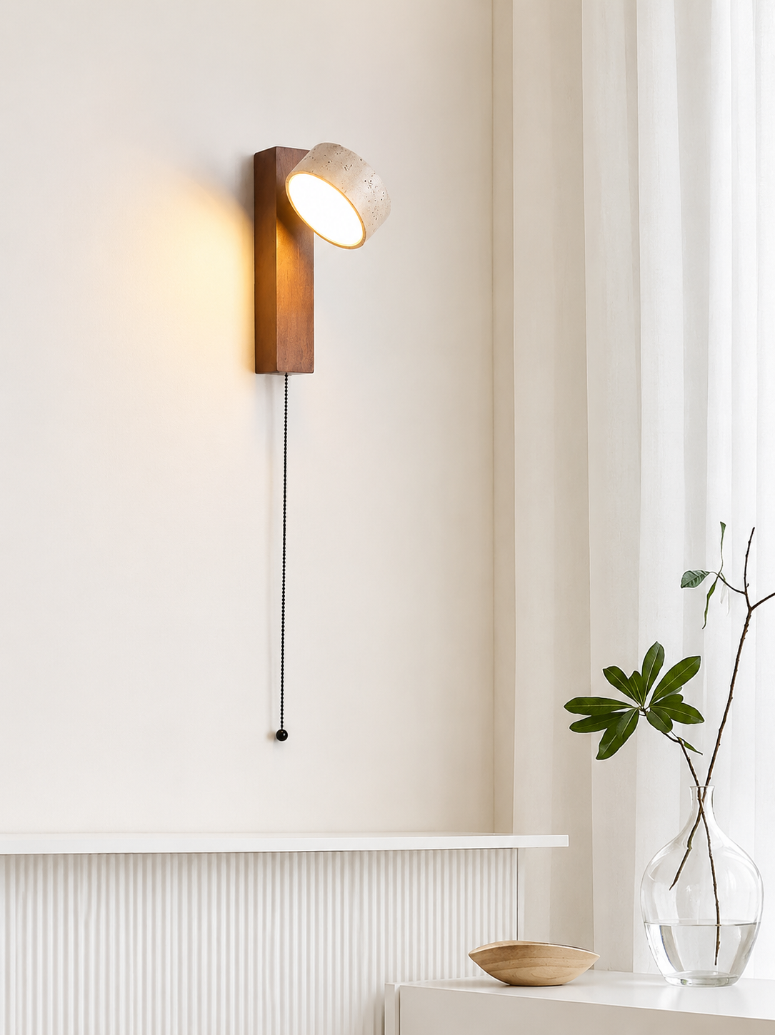 Applique Murale Pierre et Bois Style Japonais — Luminaire Minimaliste Interrupteur Tirette | STELE™