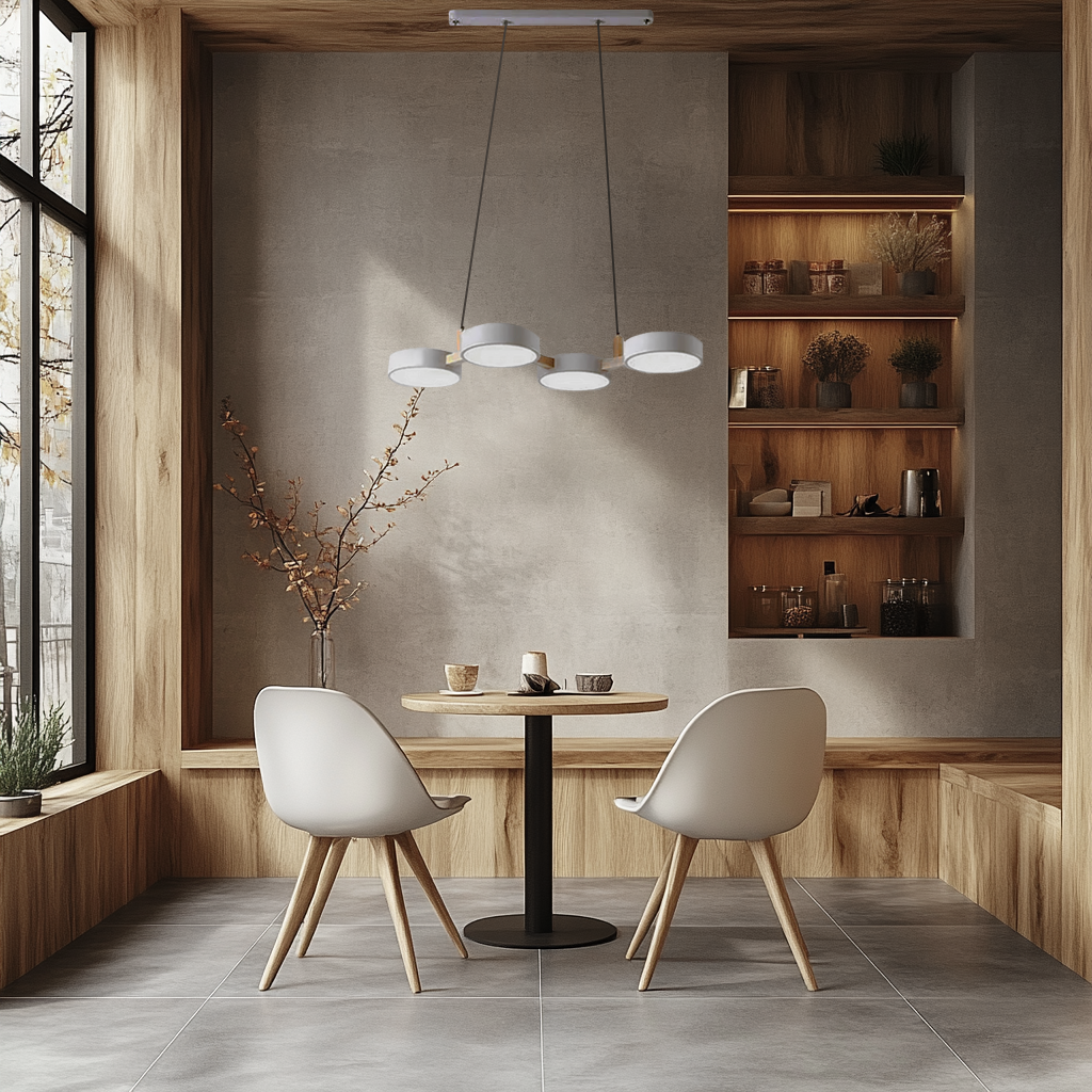 Suspension nordique moderne en bois massif avec finition épurée, disponible en blanc, gris ou vert, idéale pour un éclairage LED optimal dans les salons et salles à manger.