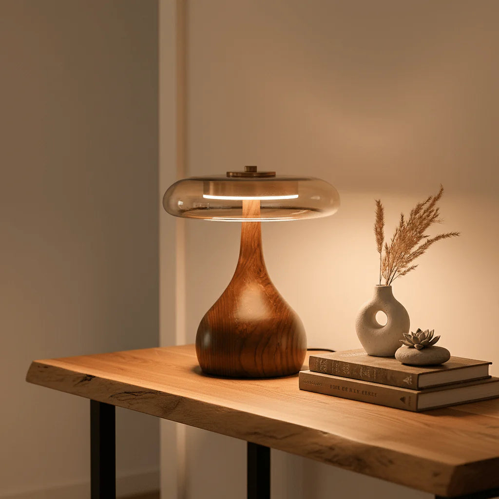 Lampe de Chevet Dôme en Verre & Pied en Bois Style Rétro | CALICE™