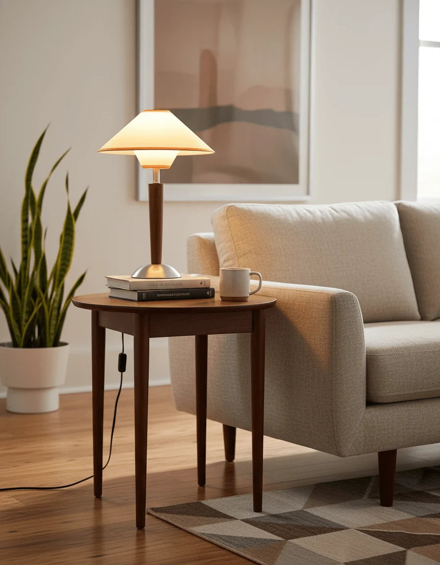 Lampe de Chevet Noyer Massif & Abat-jour Conique en Tissu | NOISETTE™