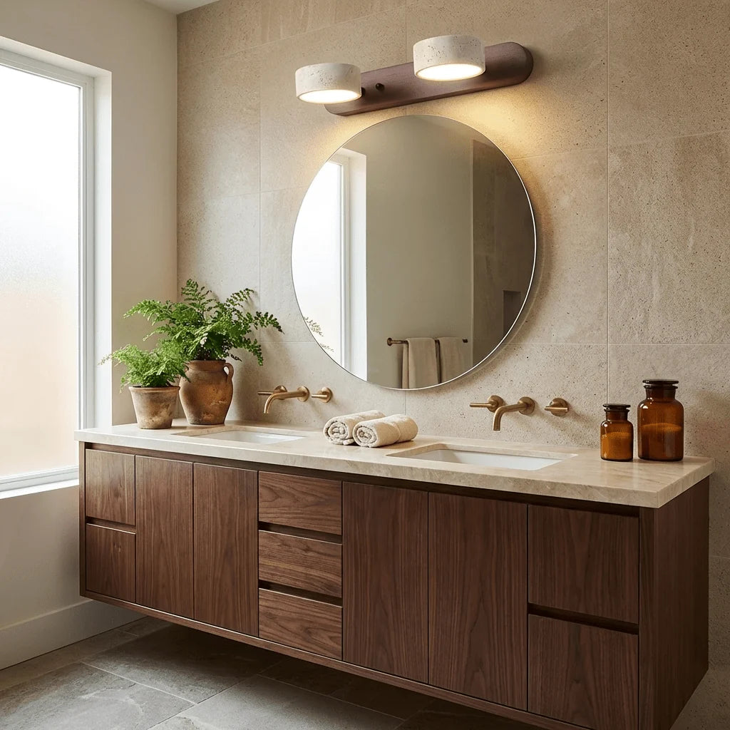 Applique Murale Travertin Duo Rotative Wabi-Sabi — Luminaire Minéral Salle de Bain | CALANQUE™