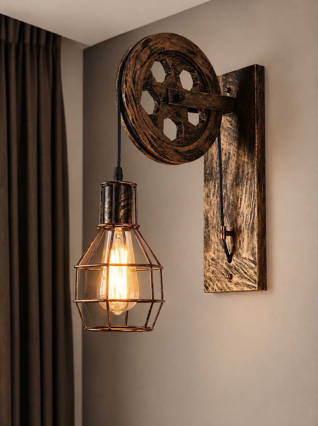 Applique Murale Industrielle Poulie Ajustable — Fer Forgé Style Atelier Américain | POULIE™
