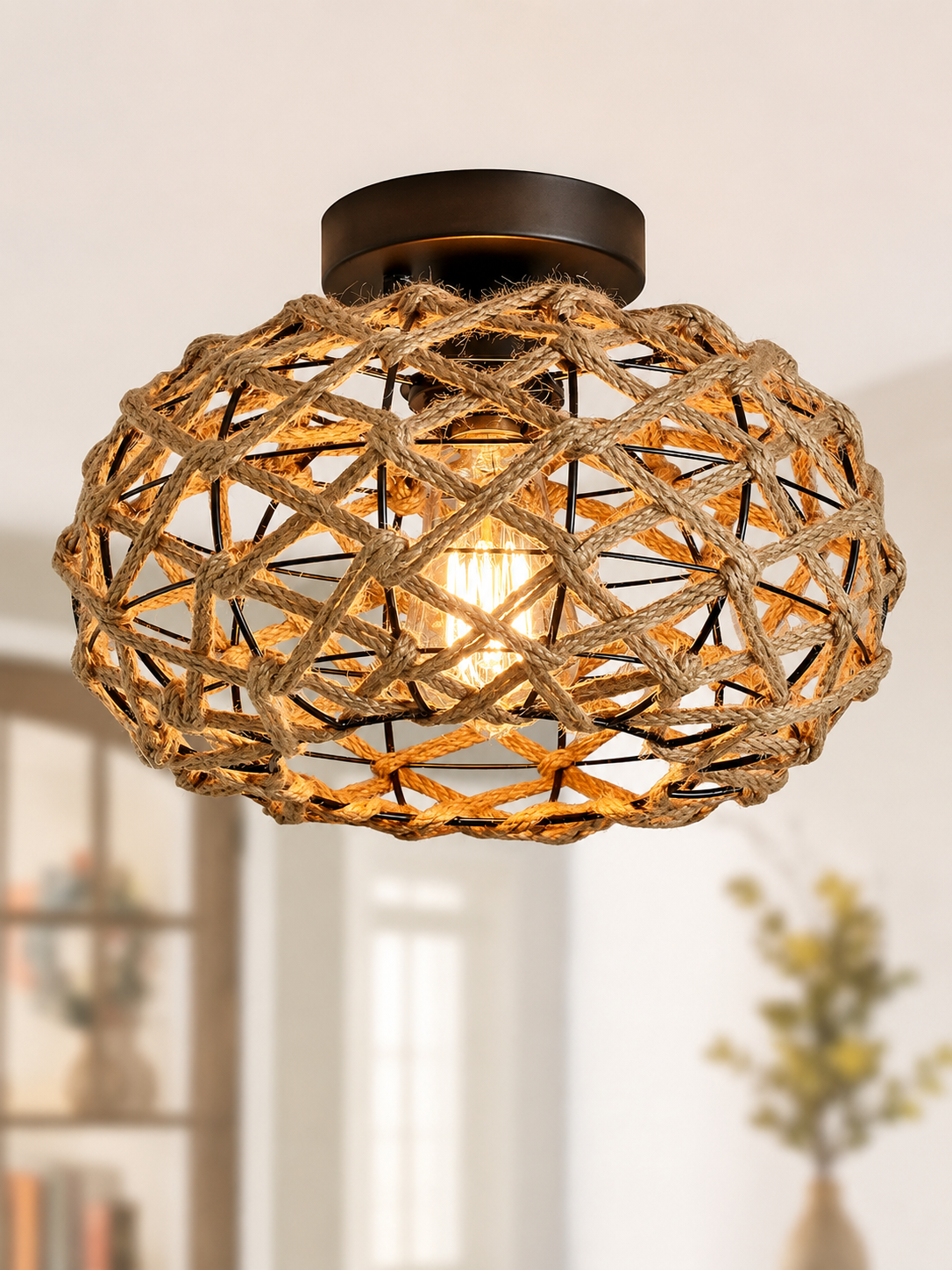 Plafonnier Rotin Tressé Main Bohème — Luminaire Naturel Style Méditerranéen | JONC™