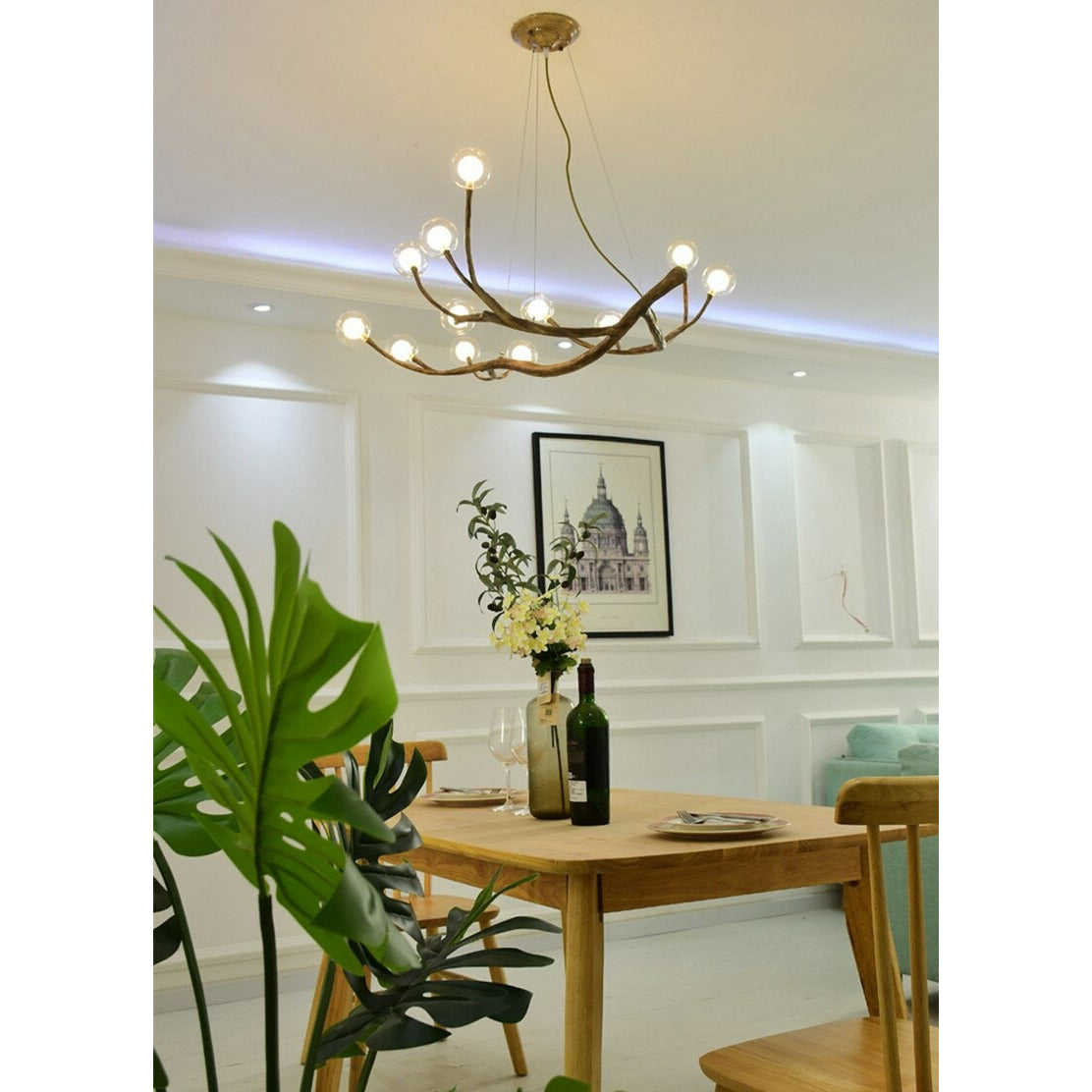 Lustre nordique Branche d’Arbre à Bulles de Verre avec finition bois, éclairage LED chaleureux, idéal pour salons, îlots de cuisine et espaces d’accueil raffinés.