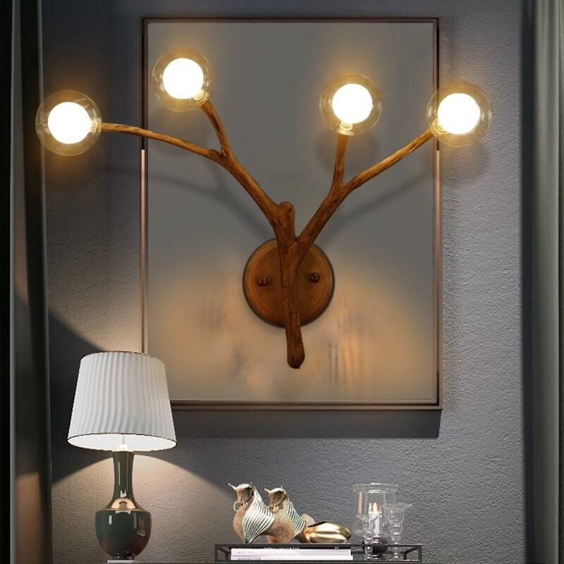 Lustre nordique Branche d’Arbre à Bulles de Verre avec finition bois, éclairage LED chaleureux, idéal pour salons, îlots de cuisine et espaces d’accueil raffinés.