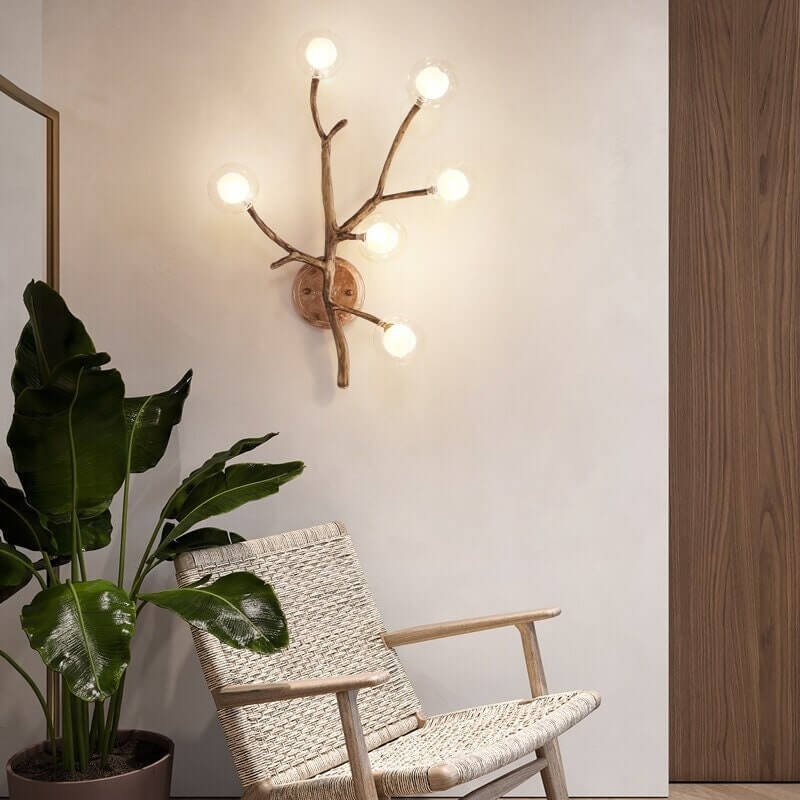 Lustre nordique Branche d’Arbre à Bulles de Verre avec finition bois, éclairage LED chaleureux, idéal pour salons, îlots de cuisine et espaces d’accueil raffinés.