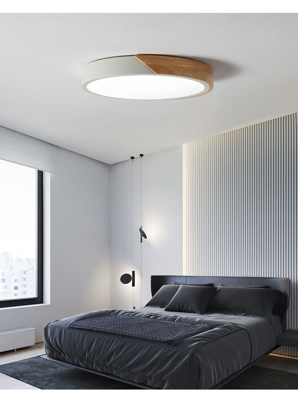 abat-jour tambour nordique LED moderne en bois et fer peint avec lumière réglable