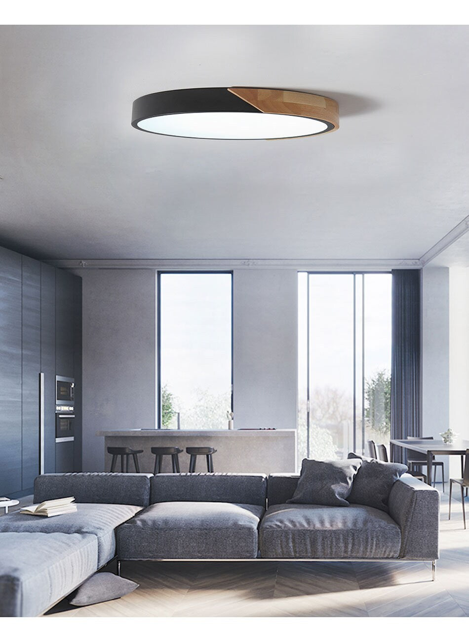 abat-jour tambour nordique LED moderne en bois et fer peint avec lumière réglable