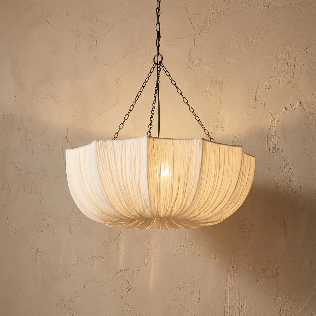 Lustre Suspension Plissée Style Japonais en Tissu et Chaîne de Fer - Luminaire Rétro E27