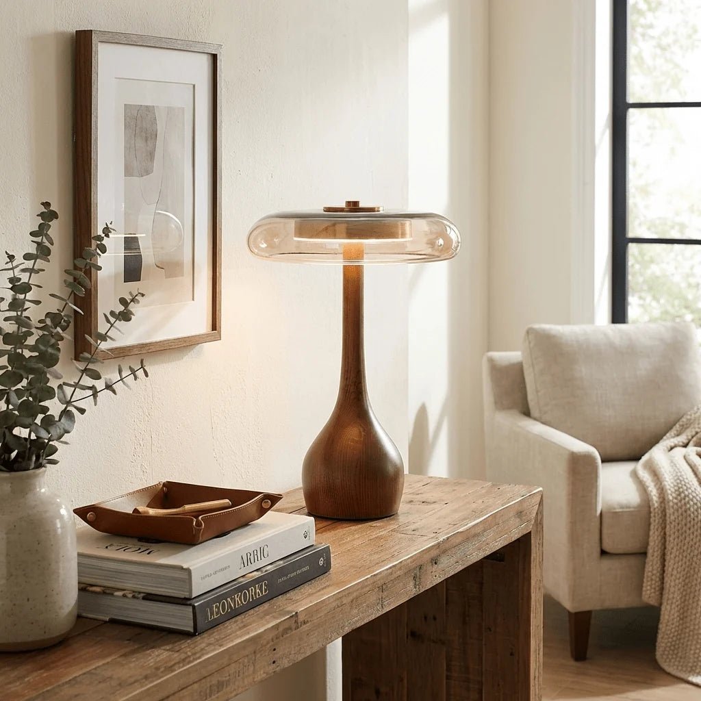 Lampe de Chevet Dôme en Verre & Pied en Bois Style Rétro | CALICE™ - Lampes Design
