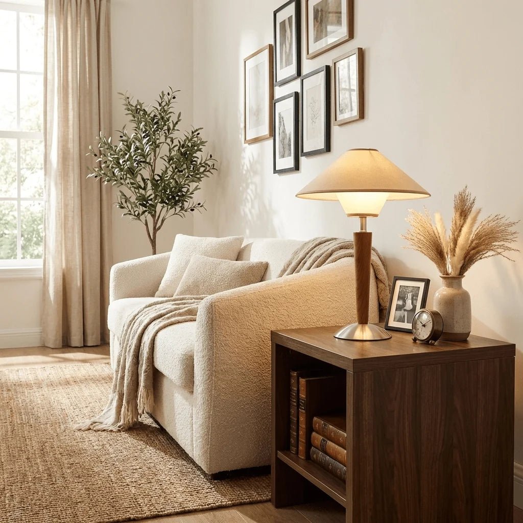 Lampe de Chevet Noyer Massif & Abat-jour Conique en Tissu | NOISETTE™ - Lampes Design