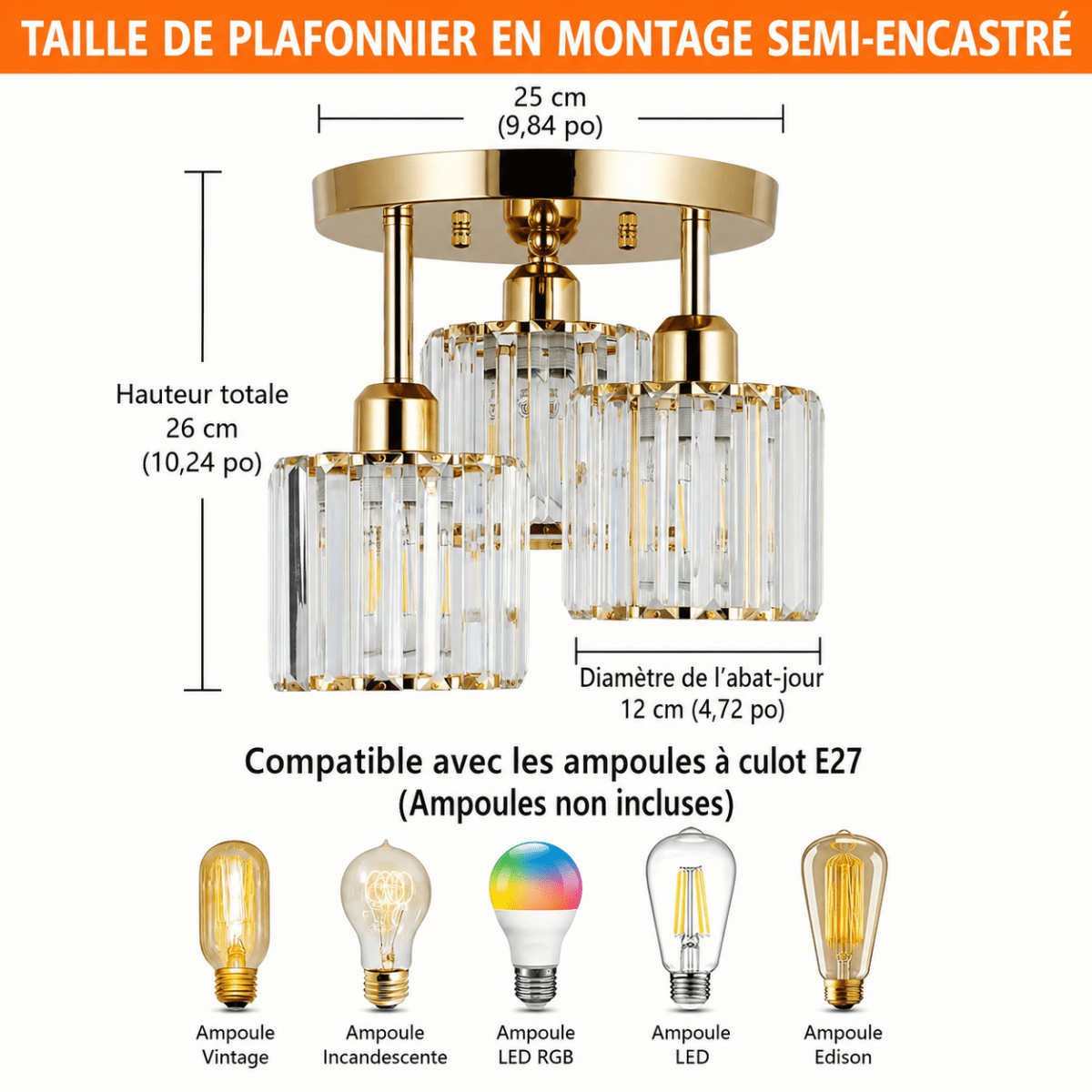 Plafonnier Moderne 3 Lumières en Cristal et Métal Doré | AURORE™ - Lampes Design