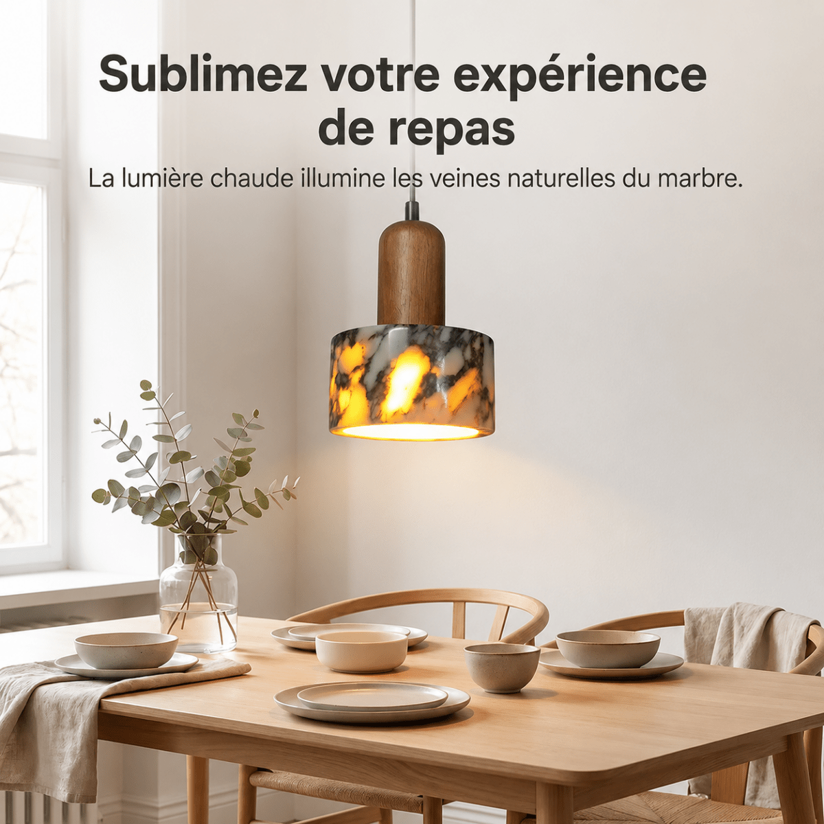 Suspension Bois et Marbre — Abat-jour Marbre Noir, Montage Bois Massif | ISHI™ - Lampes Design