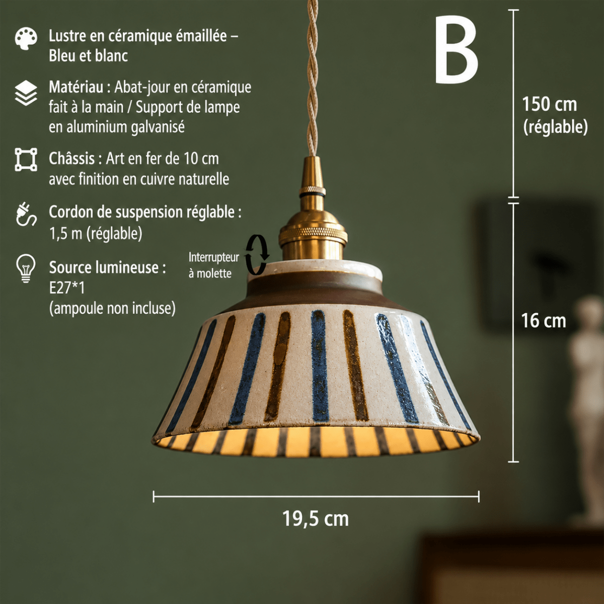 Suspension Céramique Bleu et Blanc Peinte à la Main — Style Chinois Rétro | QINGHUA™ - Lampes Design