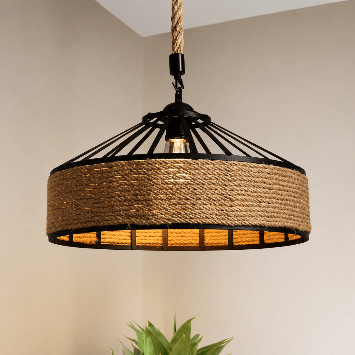 Suspension Classique en Corde de Chanvre et Fer Ø30 cm — Rétro Industrielle | CHANVRE™ - Lampes Design