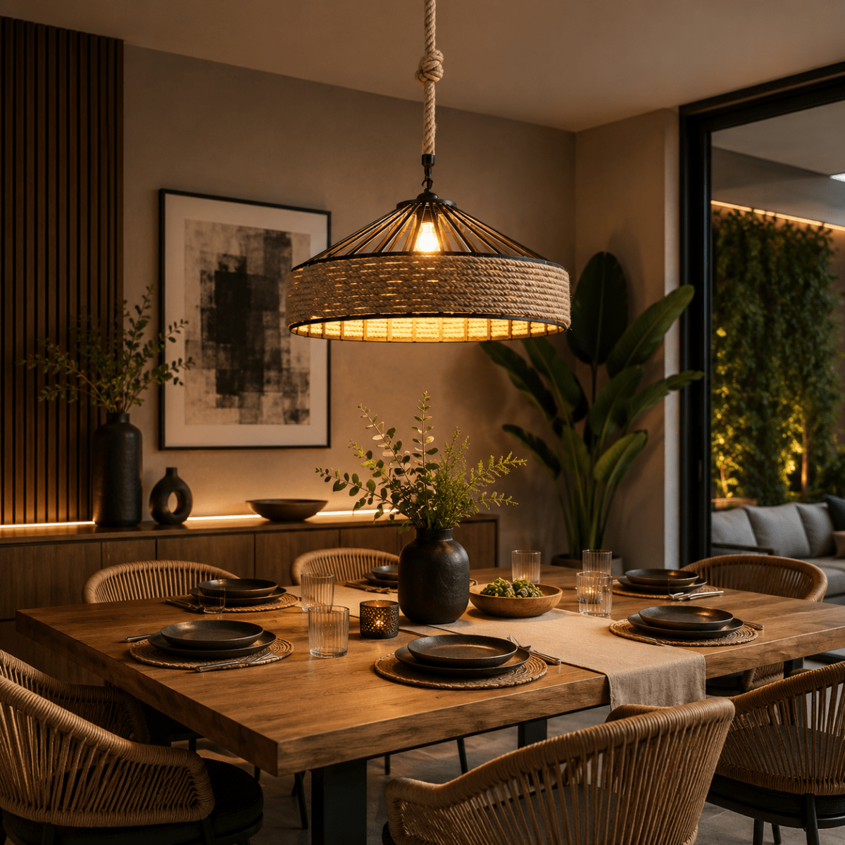 Suspension Classique en Corde de Chanvre et Fer Ø30 cm — Rétro Industrielle | CHANVRE™ - Lampes Design