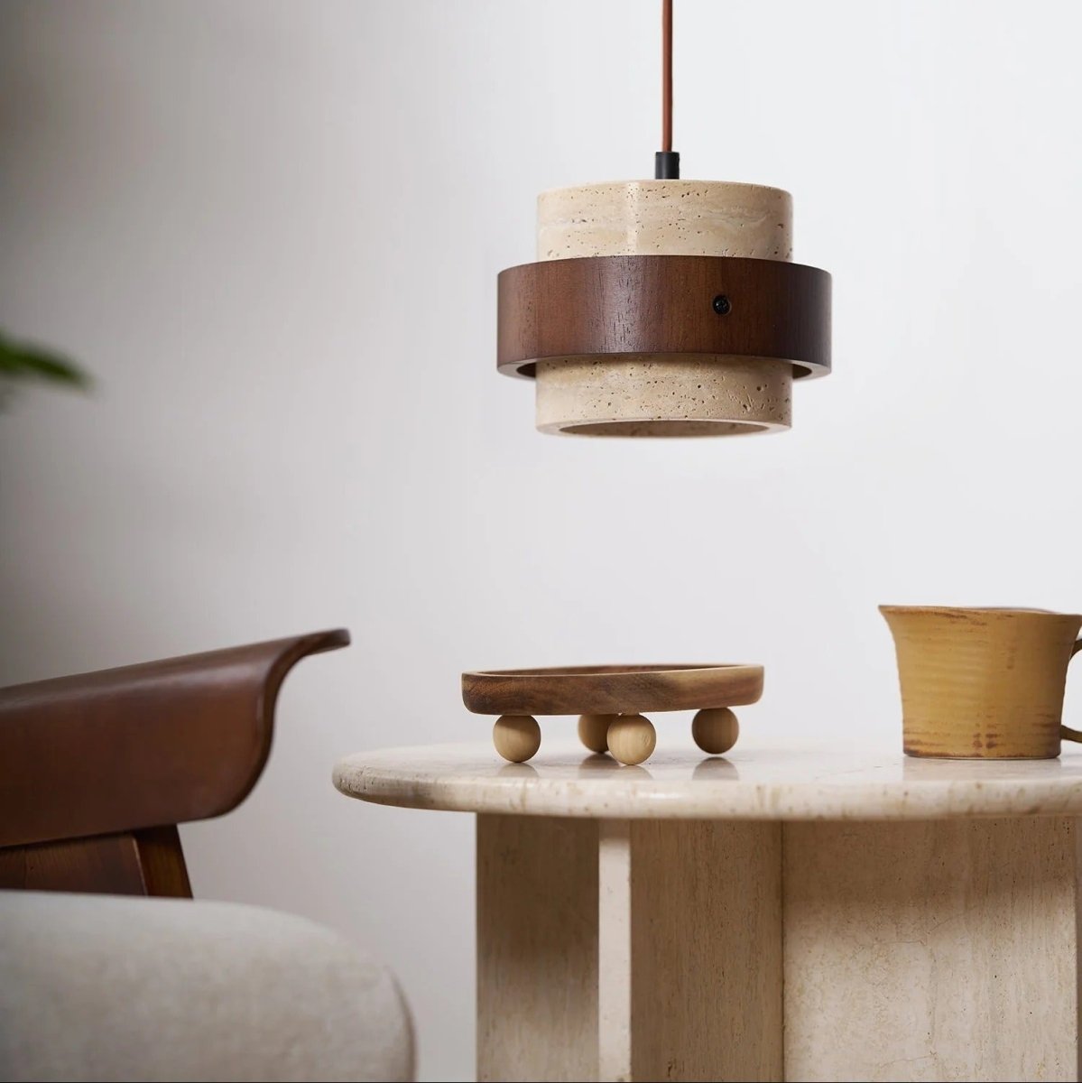 Suspension Design en Bois et Travertin — Luminaire Organique Style Wabi-Sabi | L'OASIS™ - Lampes Design