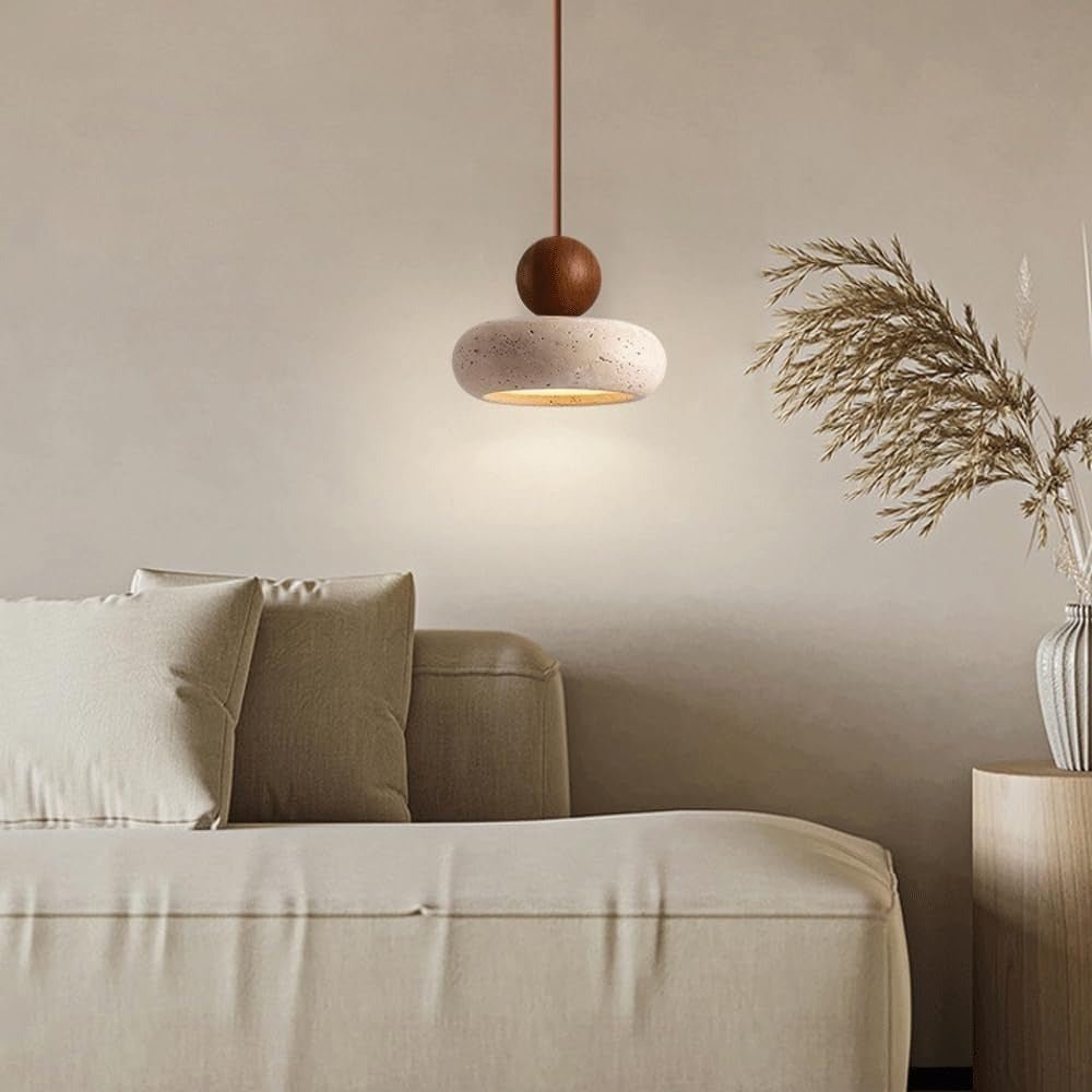 Suspension Design en Travertin et Bois — Luminaire Minimaliste Forme Galet Wabi-Sabi | PIETRA™ - Lampes Design
