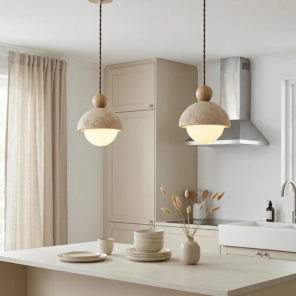 Suspension Design en Travertin — Luminaire Minimaliste Forme Champignon Style Wabi-Sabi | LITHOS™ - Lampes Design
