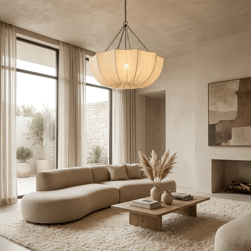 Suspension Design Plissée en Tissu — Lustre Style Japonais avec Chaîne Industrielle | SHIBA™ - Lampes Design