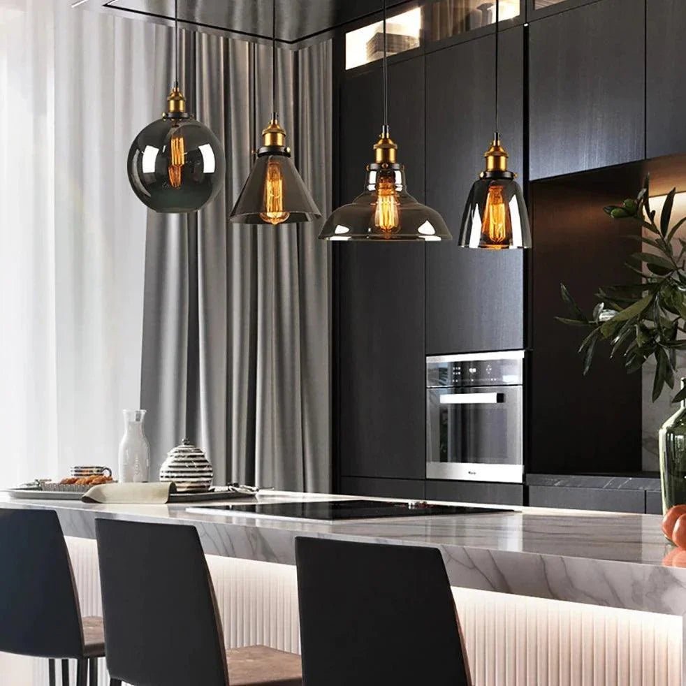 Suspension Industrielle en Verre Fumé et Laiton — Design Loft pour Salon ou Cuisine | FUME™ - Lampes Design