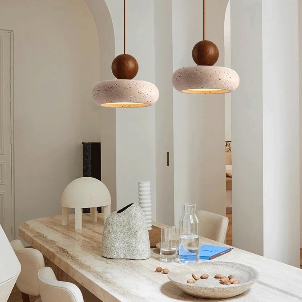 Suspension Design en Travertin et Bois Véritable - Galet Minimaliste Wabi-Sabi