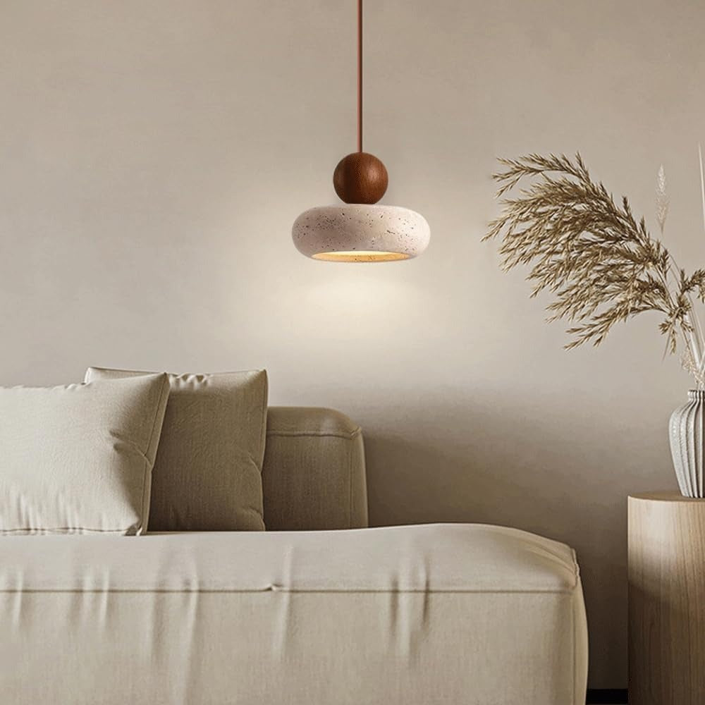 Suspension Design en Travertin et Bois Véritable - Galet Minimaliste Wabi-Sabi