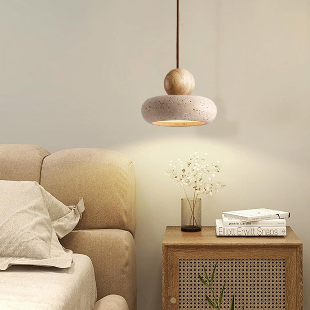Suspension Design en Travertin et Bois Véritable - Galet Minimaliste Wabi-Sabi