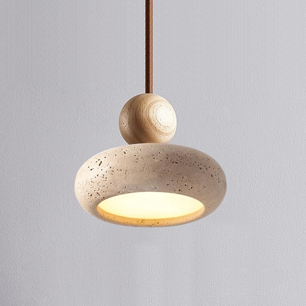 Suspension Design en Travertin et Bois Véritable - Galet Minimaliste Wabi-Sabi
