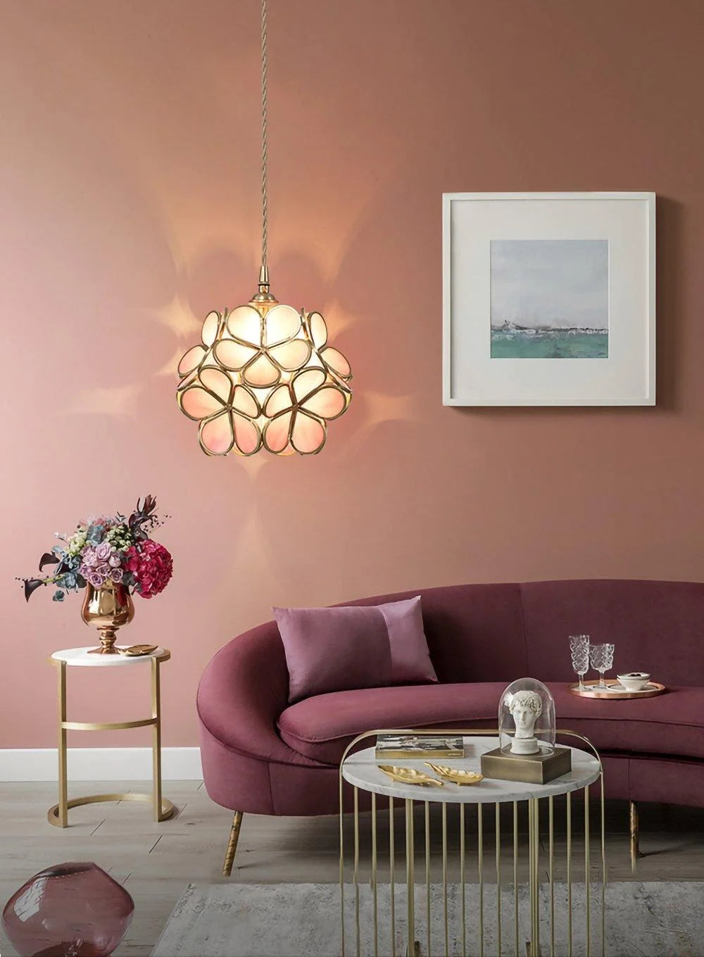 Suspension Fleur en Verre Émaillé & Cuivre — Petit Lustre Style Rétro Luxueux | TULIPE™