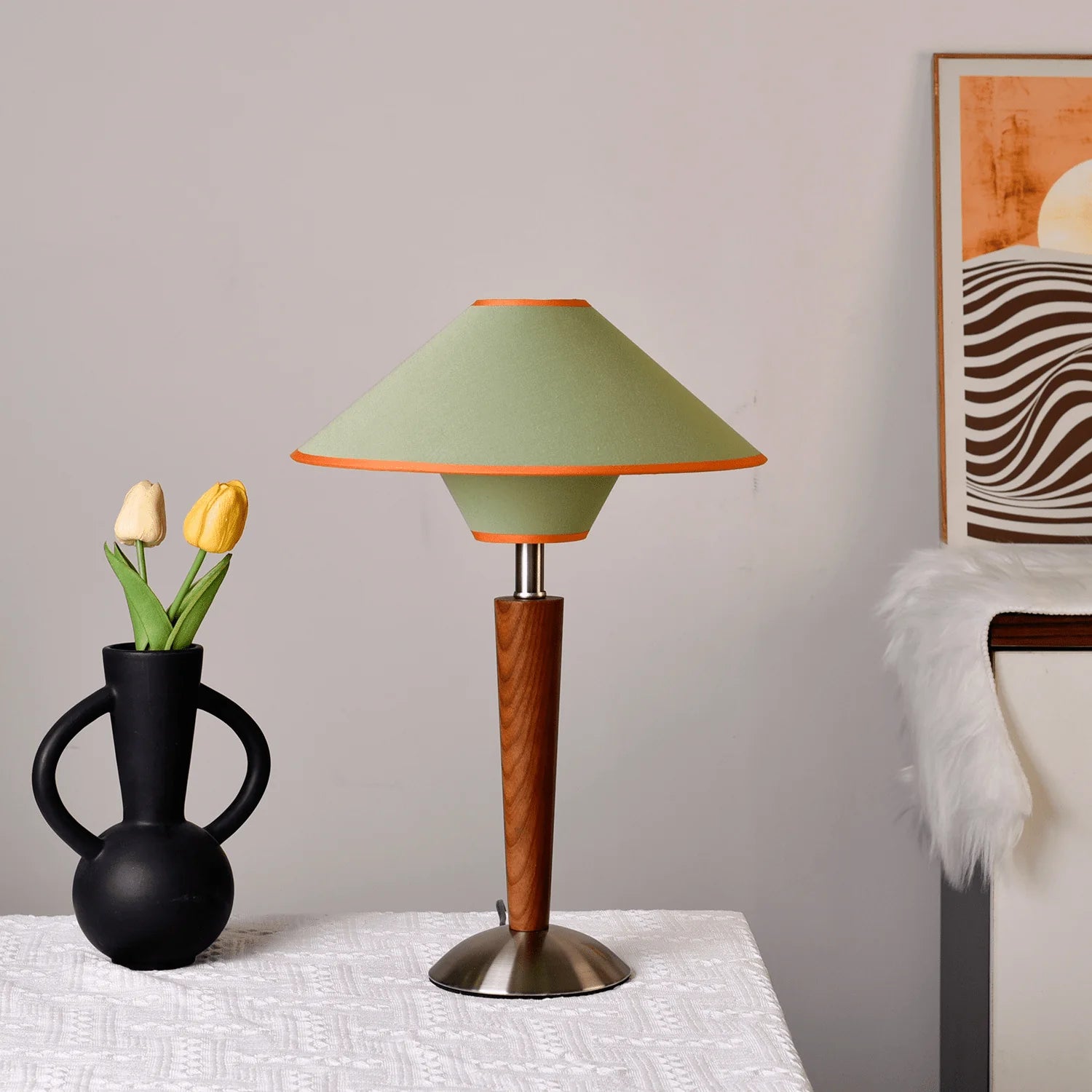 Lampe de Chevet Noyer Massif & Abat-jour Conique en Tissu | NOISETTE™