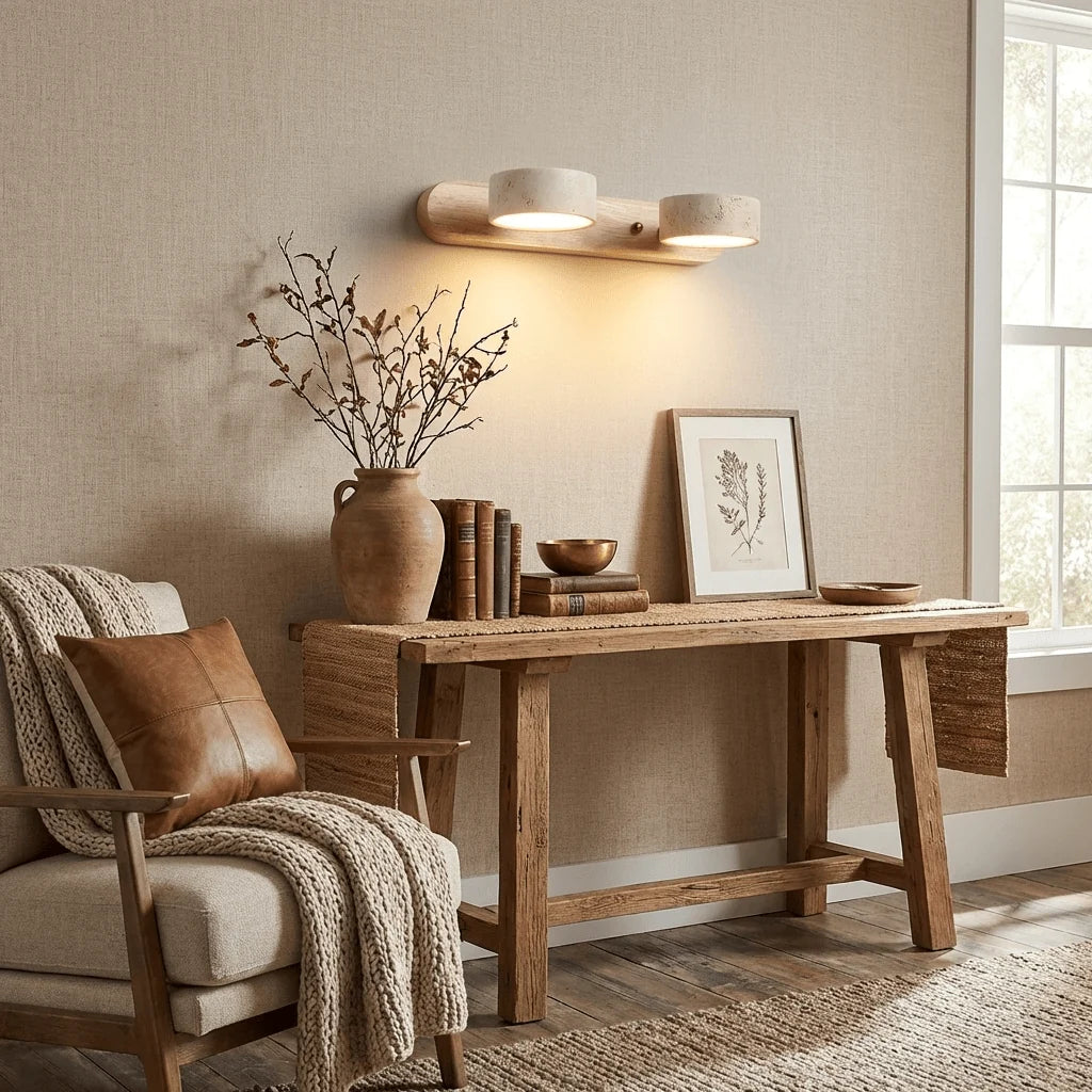 Applique Murale Travertin Duo Rotative Wabi-Sabi — Luminaire Minéral Salle de Bain | CALANQUE™