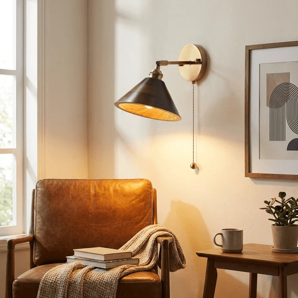 Applique Murale Cône en Bois de Noyer et Laiton — Style Edison Vintage | CHAPEAU™