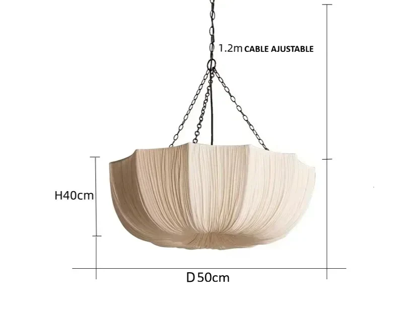 Lustre Suspension Plissée Style Japonais en Tissu et Chaîne de Fer - Luminaire Rétro E27