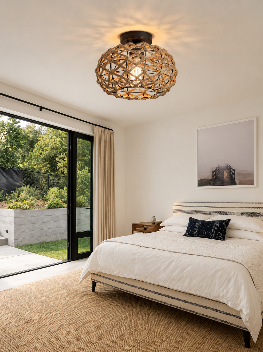 Plafonnier Rotin Tressé Main Bohème — Luminaire Naturel Style Méditerranéen | JONC™