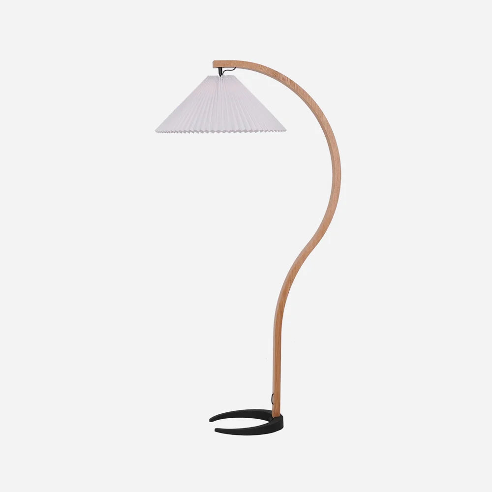 Lampadaire Arqué Bois Massif Abat-Jour Plissé — Luminaire Nordique Dimmable | ARCADE™