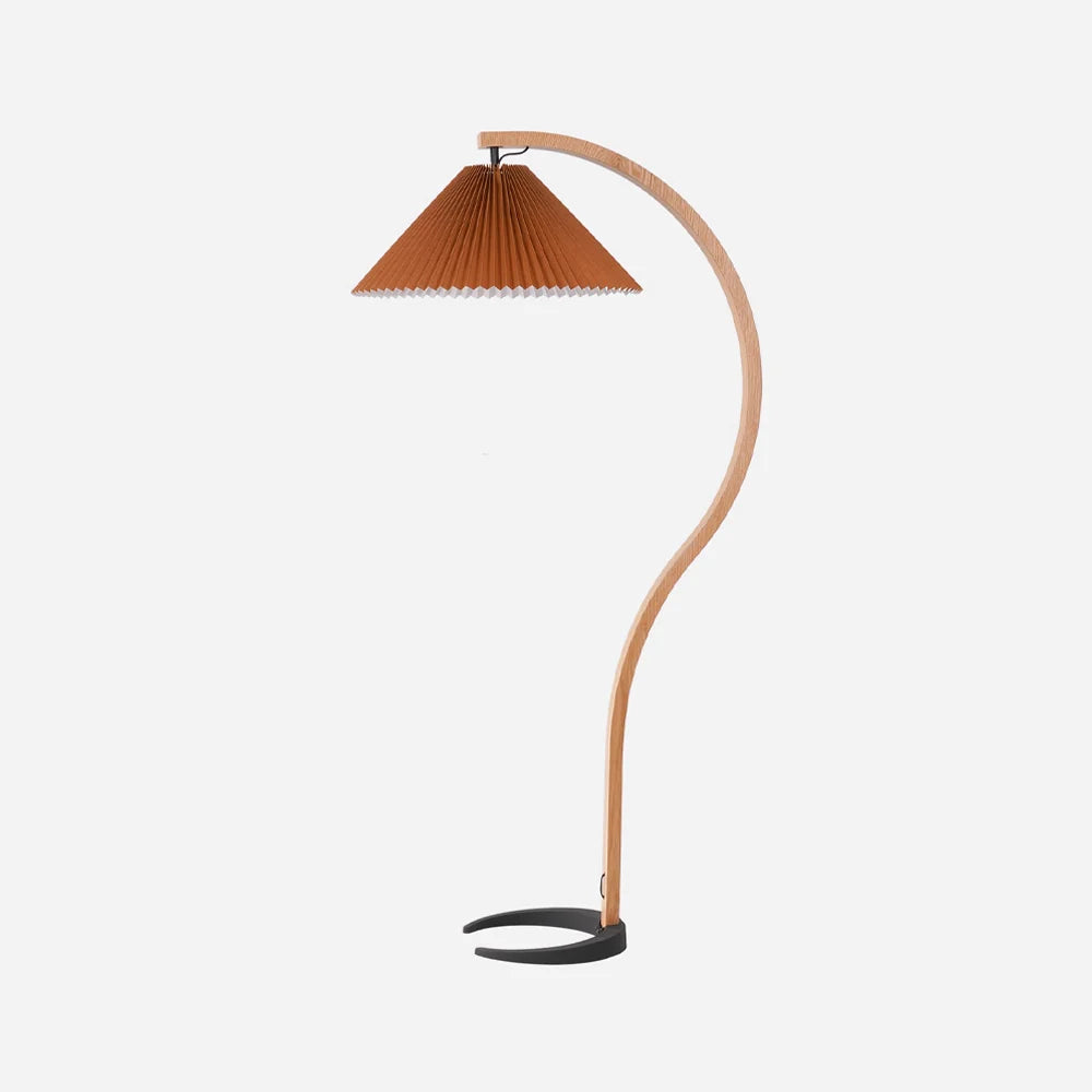 Lampadaire Arqué Bois Massif Abat-Jour Plissé — Luminaire Nordique Dimmable | ARCADE™