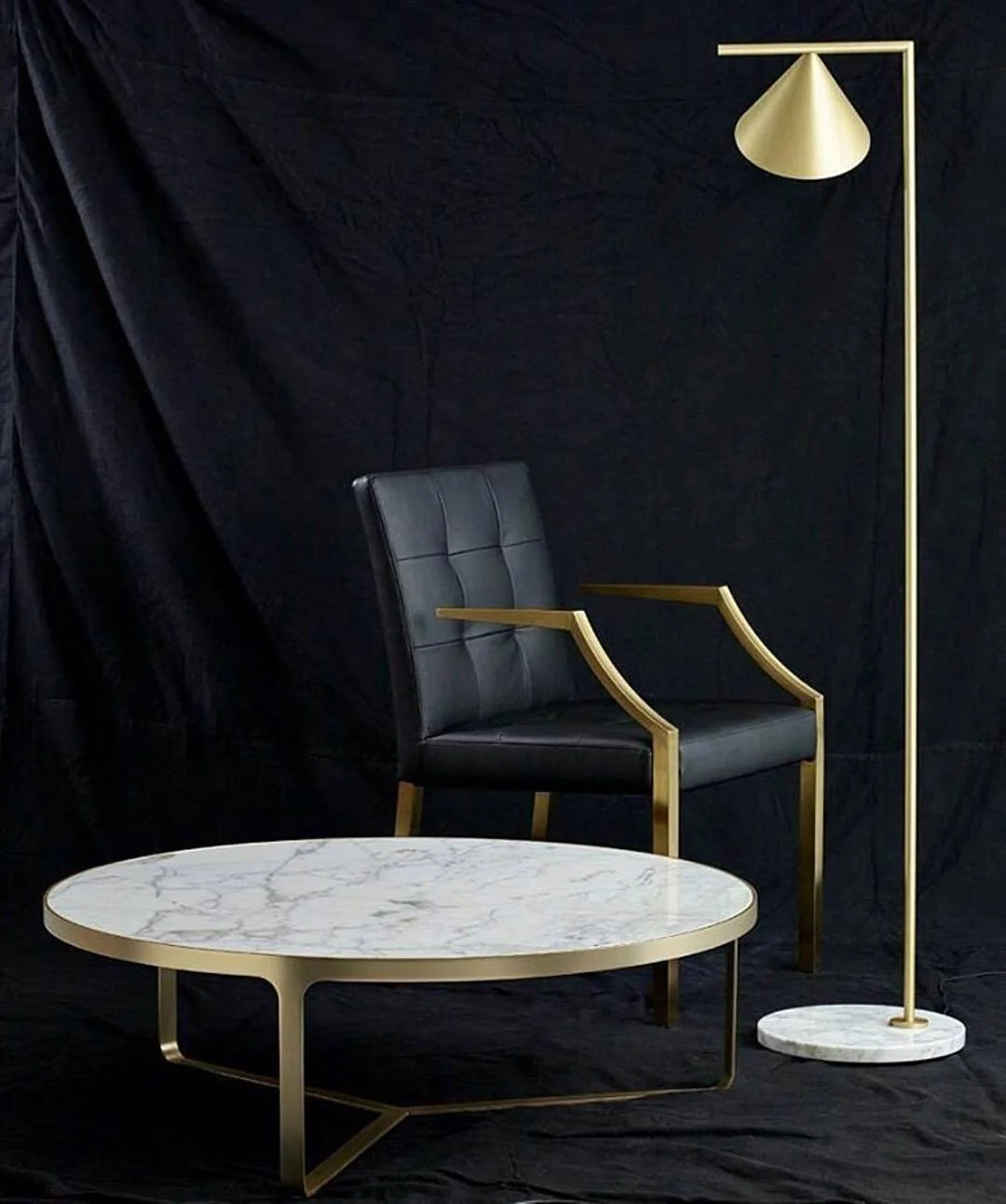 Lampadaire Doré Pied Acier & Base Marbre — Abat-jour Conique Style Classique | CANNE™