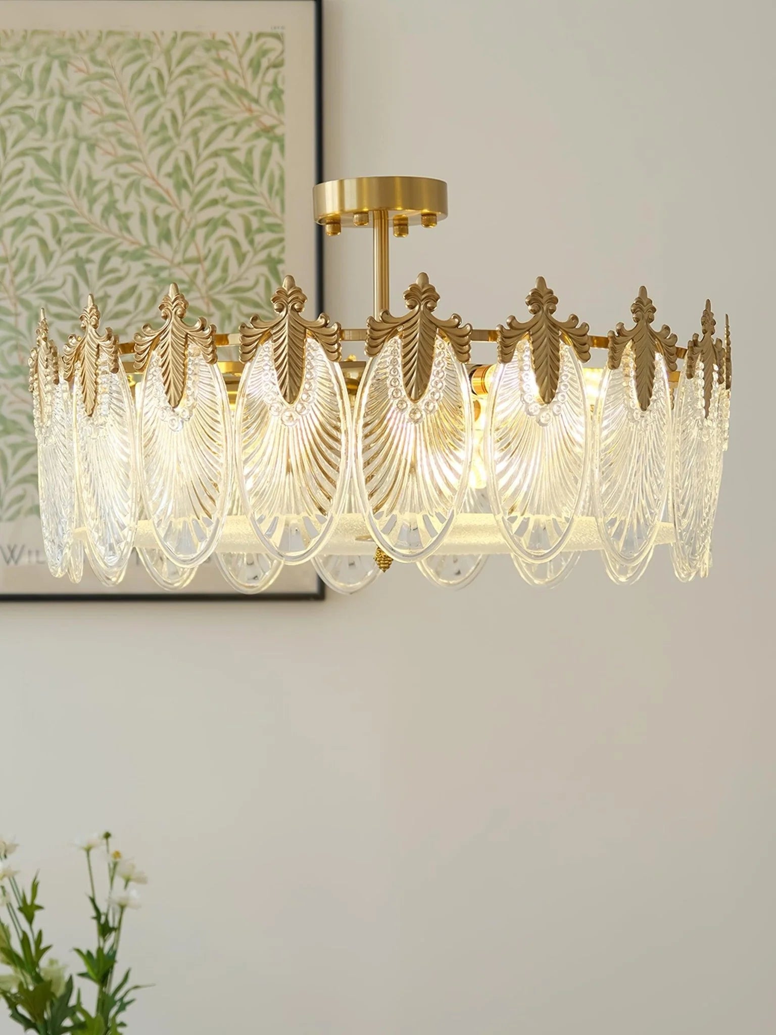 Plafonnier Feuilles de Verre Façon Paon — Lustre Art Déco Style Français | PAON™