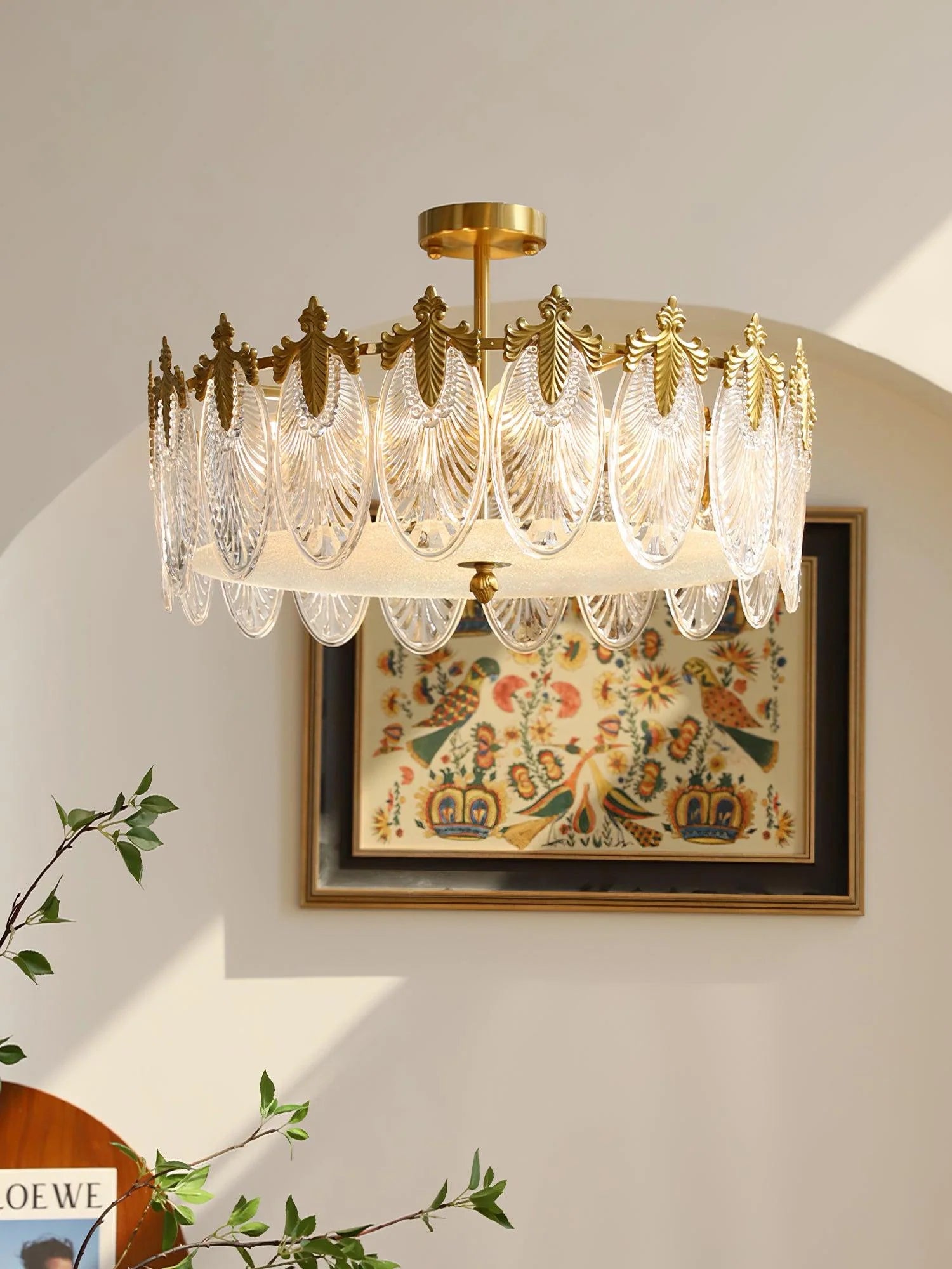 Plafonnier Feuilles de Verre Façon Paon — Lustre Art Déco Style Français | PAON™